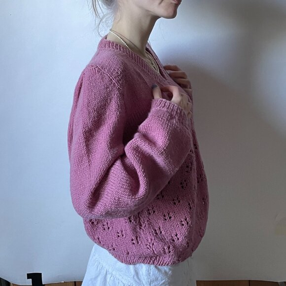 Pink Handmade Knit Sweater, Pullover V-neck - Picture 8 of 9